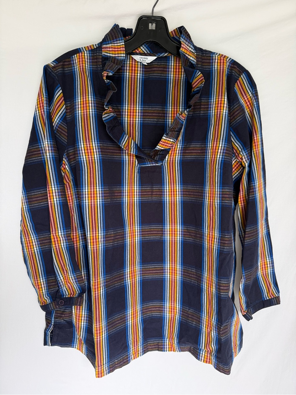 crown & ivy Navy Plaid Ruffle V-Neck Tunic with Multi Stripes